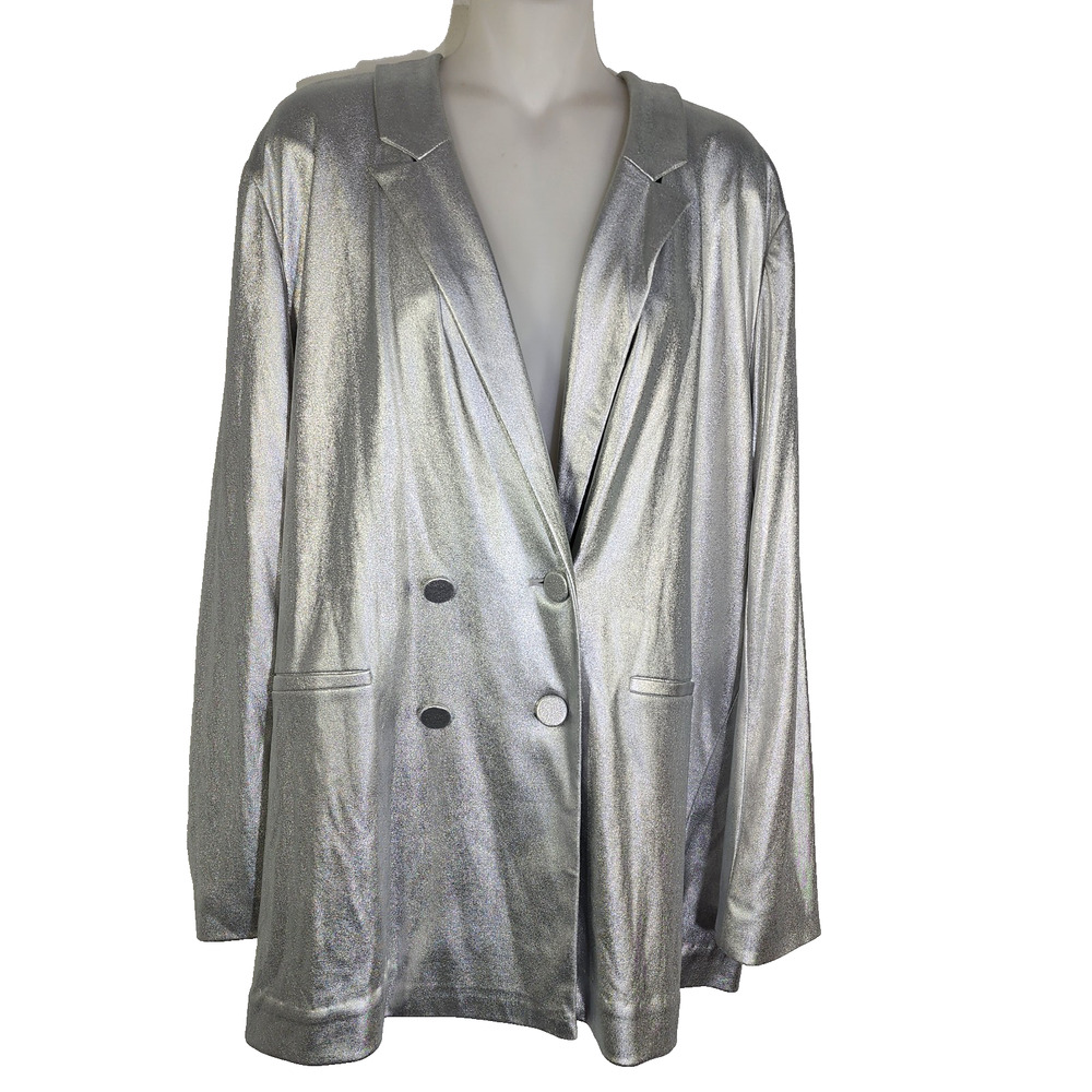 Jennifer Lopez Blazer XL Silver Metallic Jacket Disco Faux Pockets Button Retro